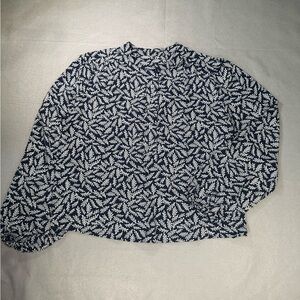 LOFT Dark Blue and White Fern Patterned Blouse
